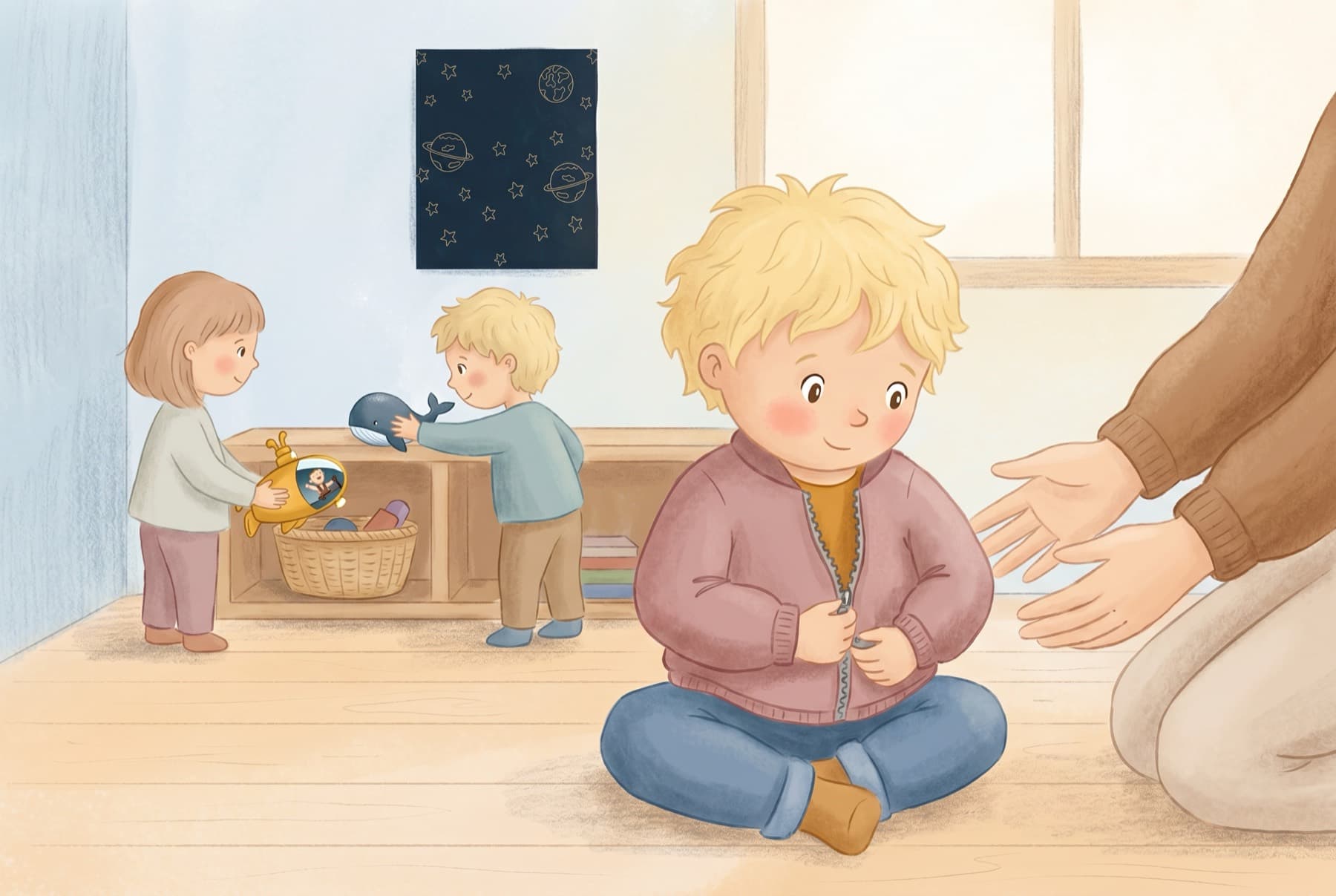 A child putting on their jacket by themselves in the Little Kids cloakroom